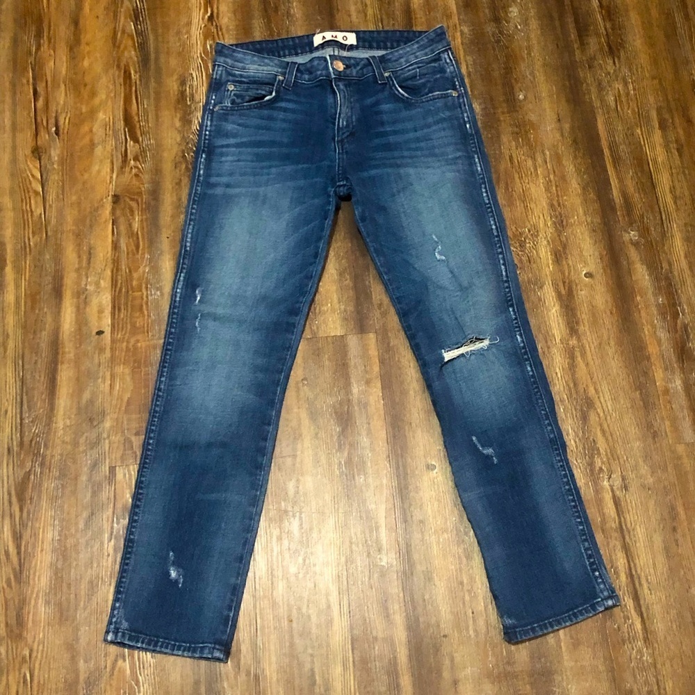 AMO Kate Jeans Women's 28 Slim Fit in Seaside Wash With Destroyed Denim